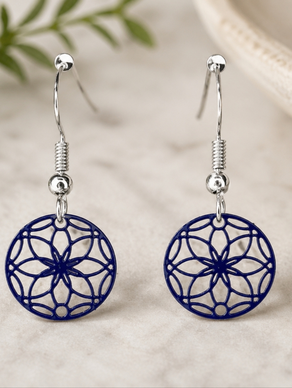 Navy Blue Filigree Circle Drop Earrings - Women Jewelry